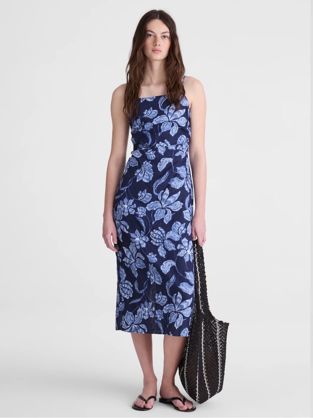 Madewell Navy Blue Floral Square-Neck Midi Dress - Picture 1 of 7